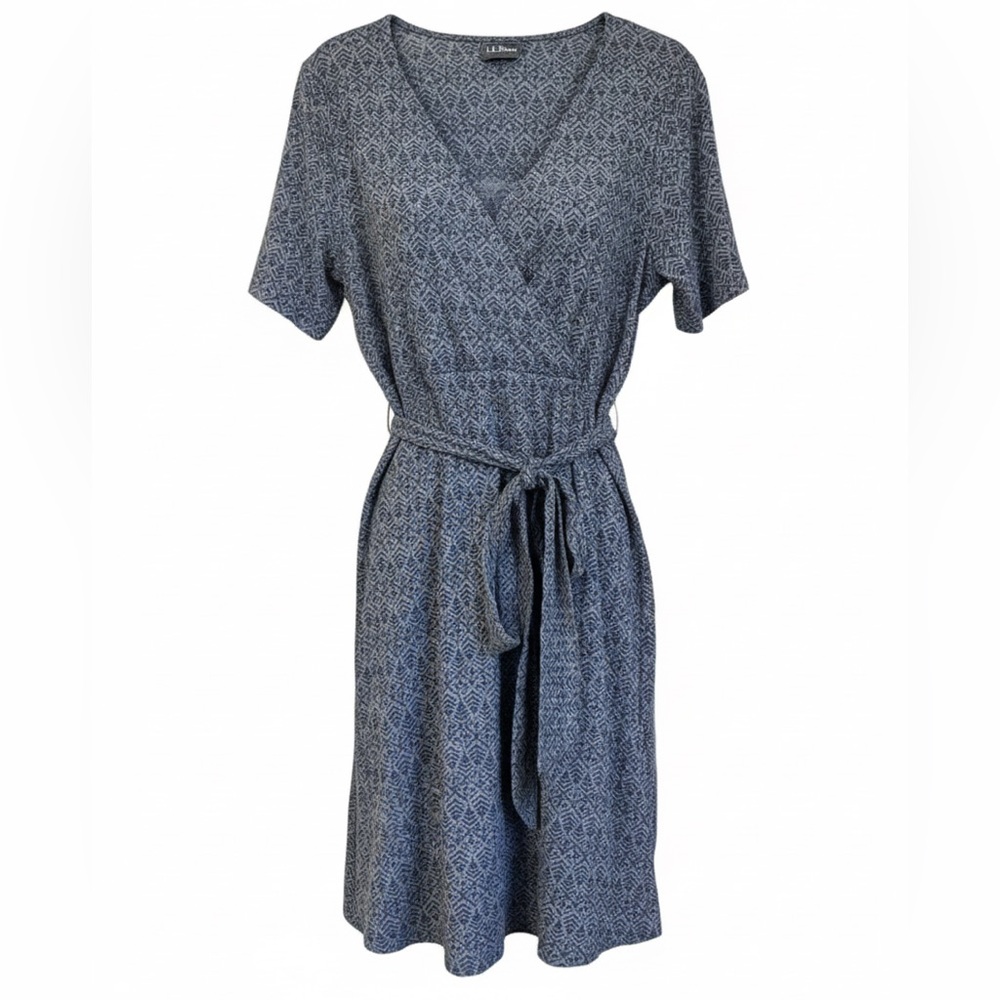 L.L. Bean Tencel Cotton Geo Print Surplice Knit Dress Blue LP